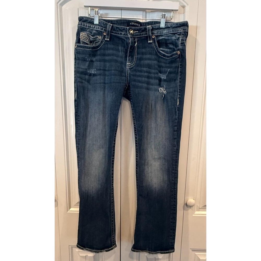VIGOSS Men's Jeans W33 L30 Classic Fit Dark Wash Blue Denim Distressed